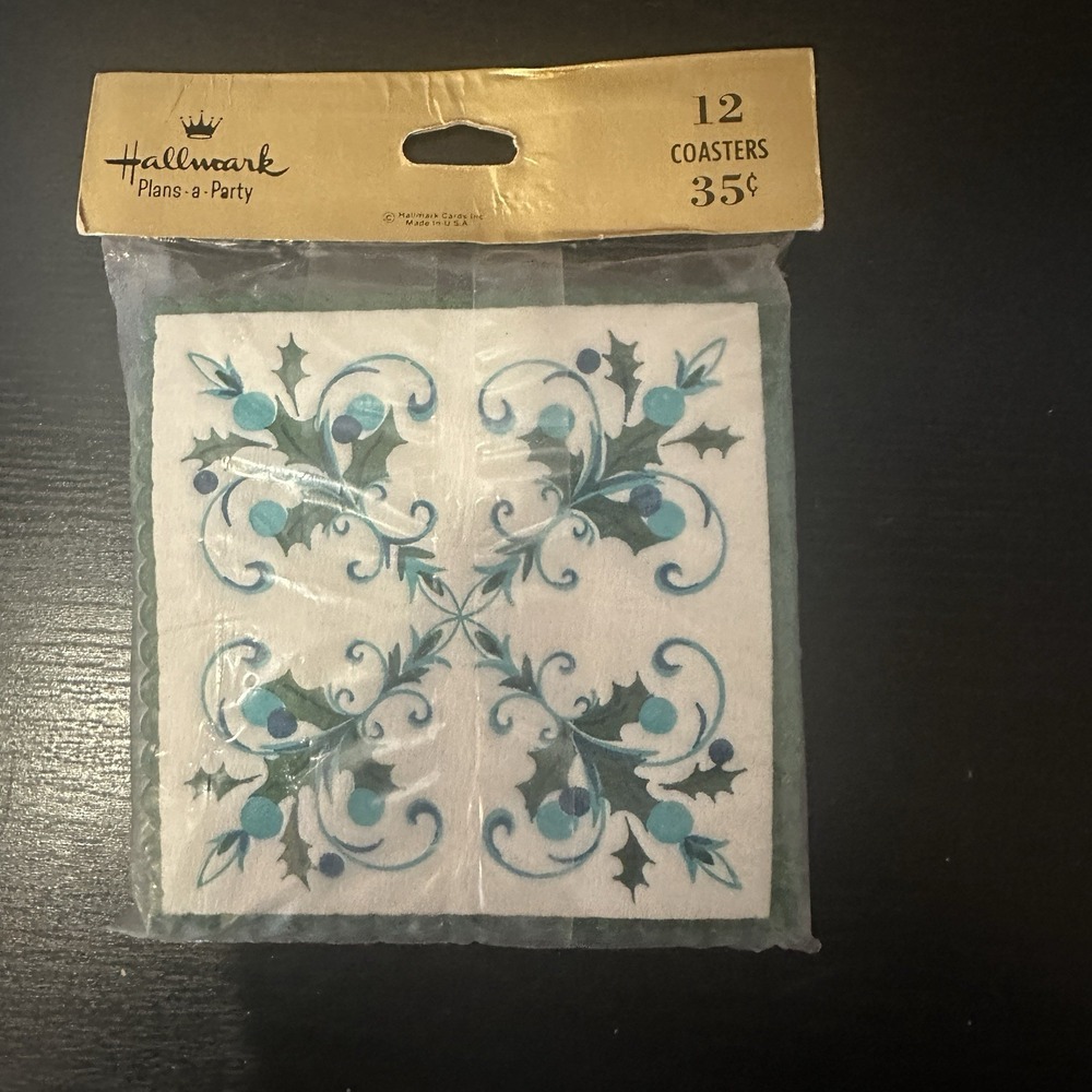 Vintage Hallmark 12 Drip Coasters NOS White Green Turquoise Holly Plans A Party